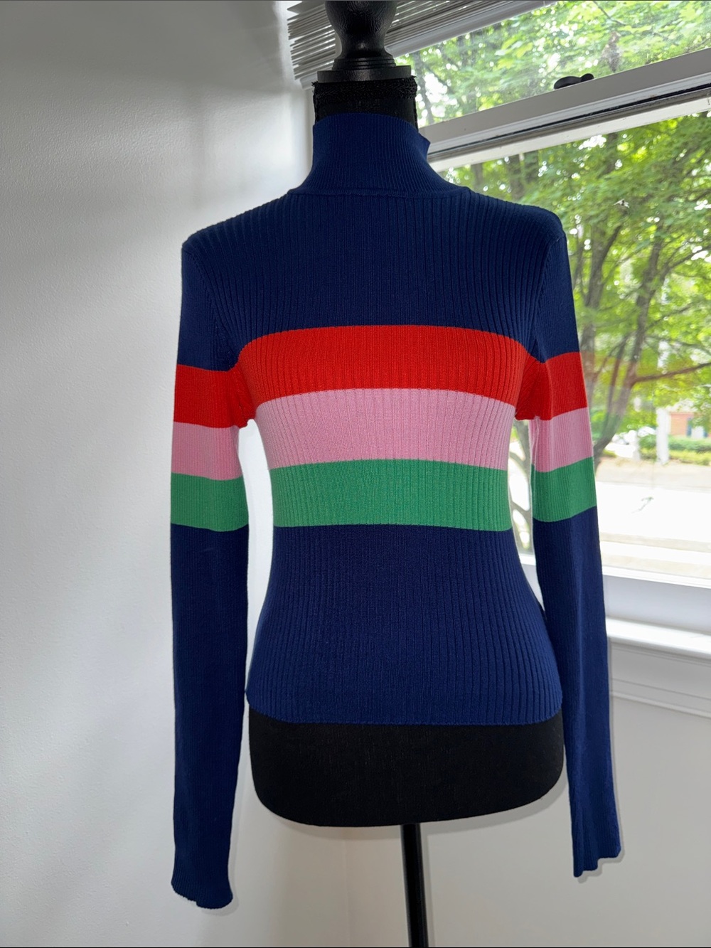 Navy Ribbed Turtleneck Sweater with Red, Pink and Green Stripes